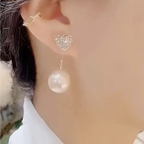 Elegant Silver Heart and Pearl Drop Earrings 1.26 inches long drop - Picture 2 of 2